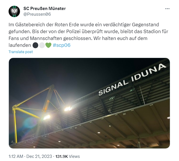 球場出現(xiàn)不明爆炸物:明斯特VS多特2隊德丙比賽被迫推遲